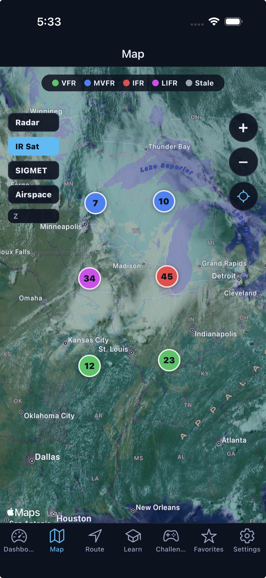 Weather map with color-coded flight categories
