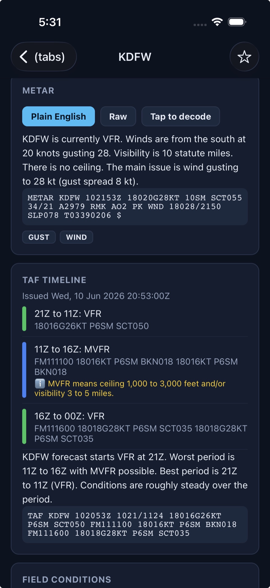 TAF timeline screen from the METAR Master app
